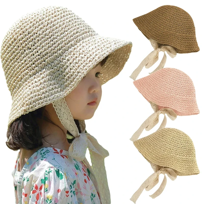Summer Baby Straw Hat for Girls Boys Beach Travel Kids Bucket Hats Adjustable Lace Windproof Rope Fashion Accessories 2-6Y