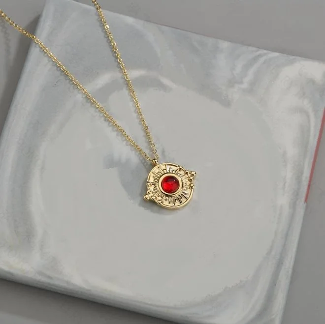 
New style simple boutique ruby embossed round card pendant necklace N159-065 