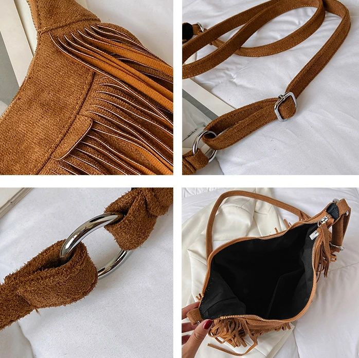 2023 Bohemian Vintage Women Tassel Hobo Shoulder Bag Purses Trendy Suede Leather Fringed Crossbody Bags