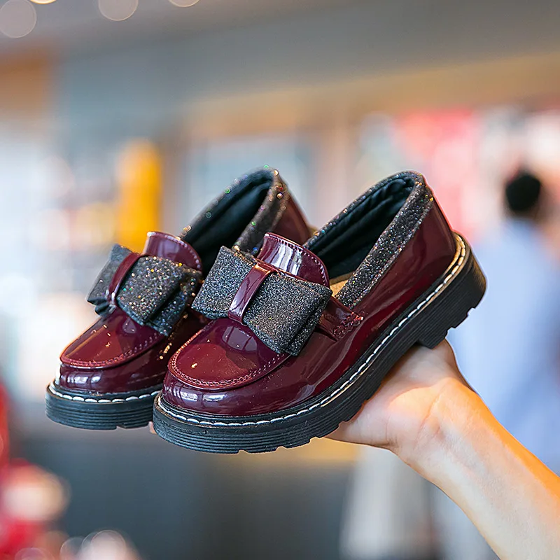 Black school shoes for girls bow leather shoes for children kids girls school shoes