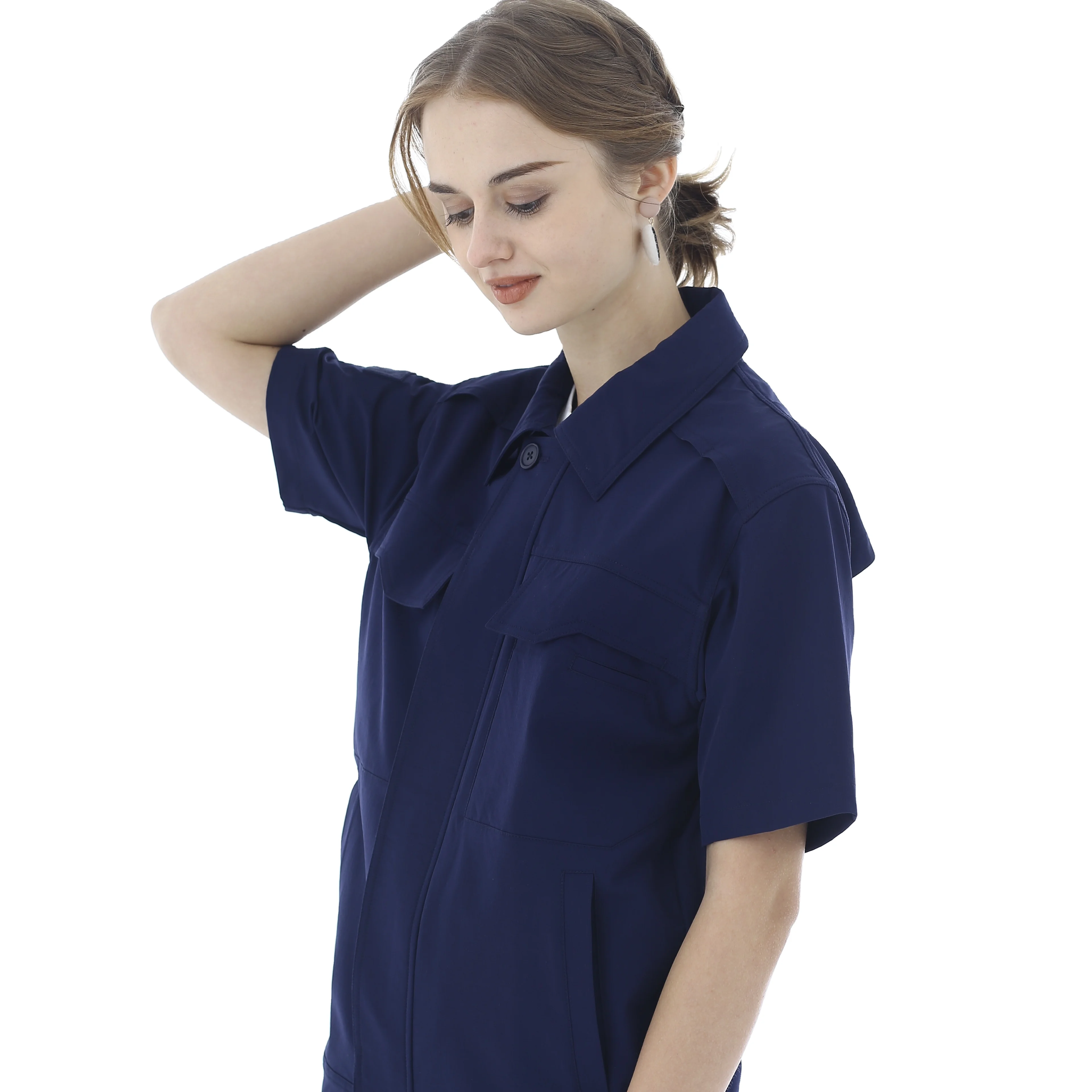 Dark Blue Short Sleeve Safety Work Suit with Anti-Static Properties and Multiple Pockets For Man