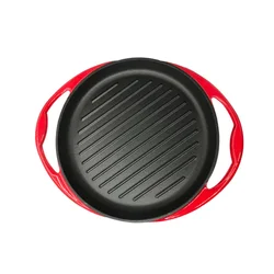 kitchen non stick enameled cast iron stove top round bbq griddle plate grill pan with two handles