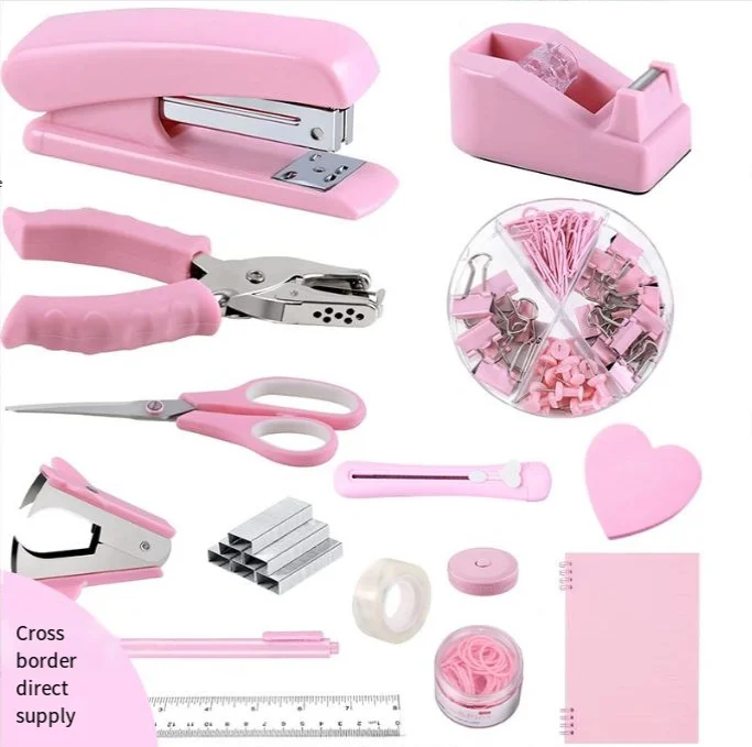 Customized pink office stationery set wholesale cross-border stapler scissors book multi-functional binding combination