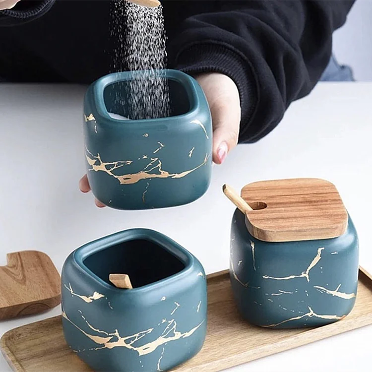 Оптовая продажа набор кухонных банок для хранения приправ соли и специй Мраморная керамическая баночка с деревянной крышкой