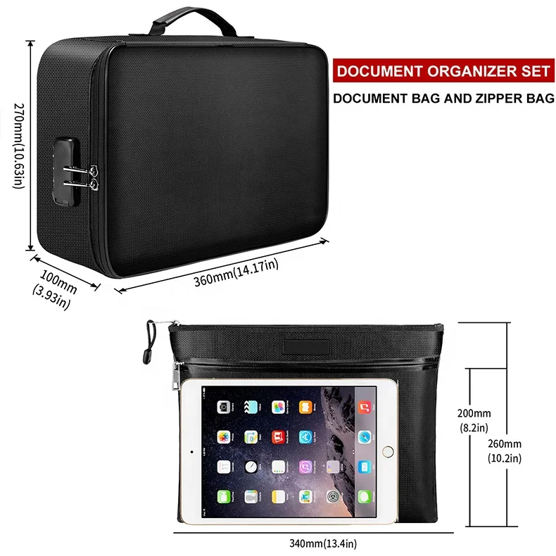 Fireproof Document Bag File Organizer Bag Home Office Travel Safe Bag with Lock