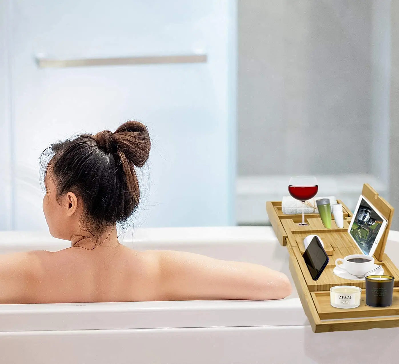 Free Sample Bathtub Caddy Tray Premium Bamboo with Extendable Sides Includes Book and Wine