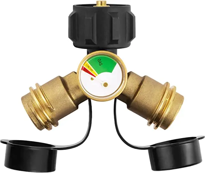 Propane Tank Splitter with Gauge, Propane Y Splitter for BBQ Grills, Camping Stoves