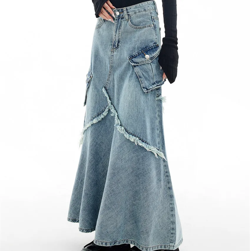 High quality custom patchwork raw edge denim skirt 2024 new designer work skirt high waist long A-line skirt