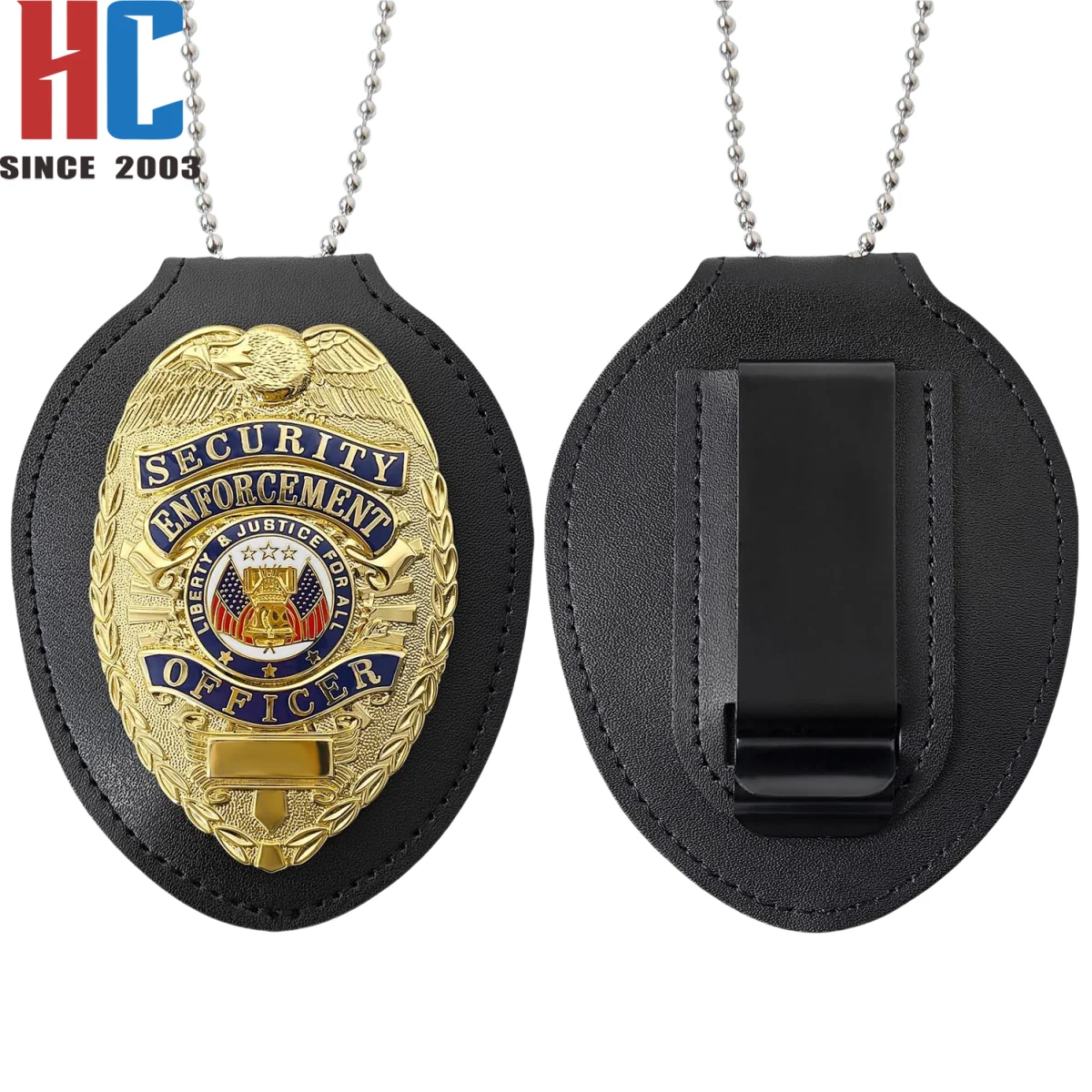 20 Years Factory Custom security metal badge with Removable leather ID holder Included Spring Clip and Neck Chain