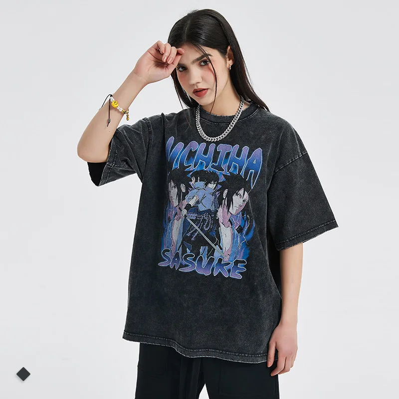 Harajuku Japan Style acid wash gray loose male graphic t-shirt anime game print pure cotton male short sleeves
