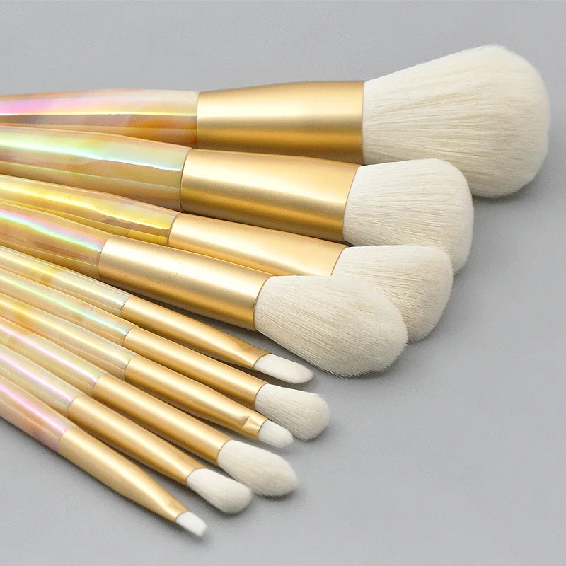 high end professional yellow Laser marbled conical plastic handle 10pcs/set synthetic makeup brushes