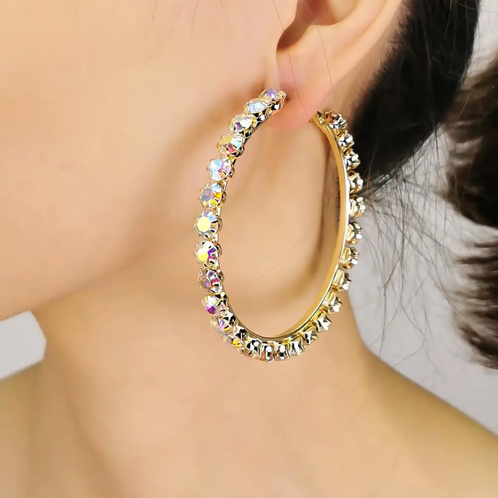
6.8cm Big Circle Shiny CZ Rhinestone Hoop Earrings Women Fashion Trend Jewelry AB Colorful Crystal Gems Earring 