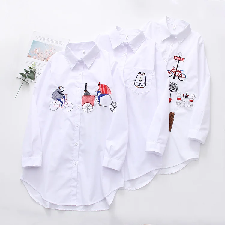 embroidered white shirt vintage BF long sleeved shirt medium length women