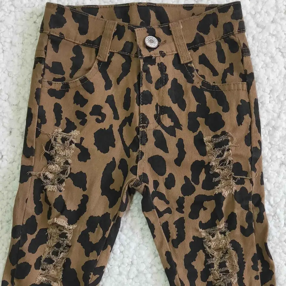 New Arrival Double Flares Bell Bottom Leopard Pants Jeans Adjustable Belt with Button Children Jeans Denim Pants NO MOQ