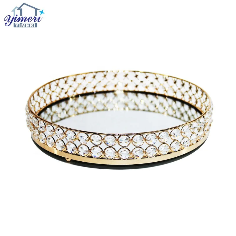 OEM ODM Luxury Round K9 Crystals Beaded Mirror Metal Perfume Storage Trays Decorative