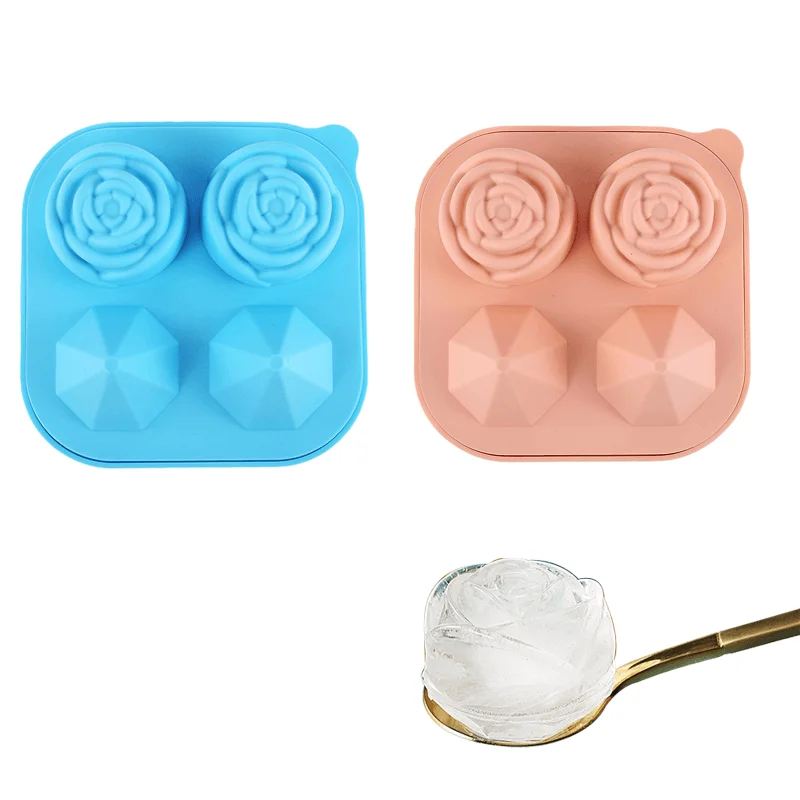 TAYHAO Rose Silicone Ice Tray  Diamond Flower Ice Cube Maker  Anti-leakage 4 Grids Reusable Ice Cube Maker 4 Cavity Large