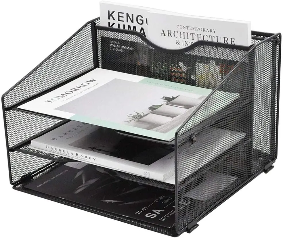 Mesh File Organizer Desktop, File Folder Holder Desk Organizer with 3 Paper Letter Tray and 1 Vertical Upright Compartment