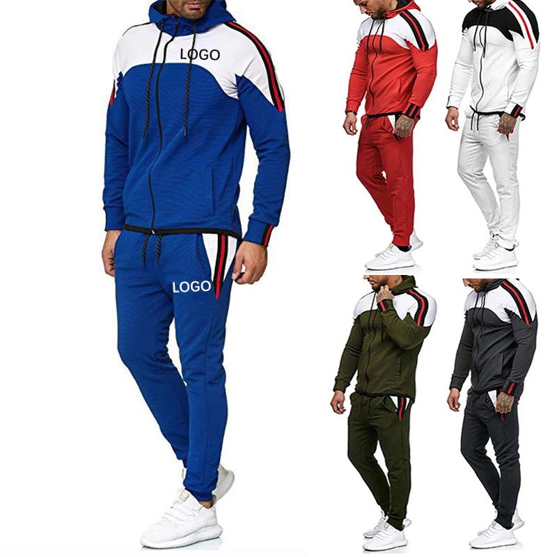 Custom Bulk Man Plain Zipper Polyester  Sport Jogging Sweat Suits  Plain Stripe Tracksuit Men Sweatsuit Sets