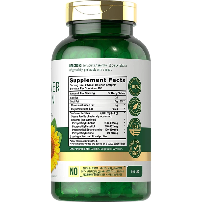 Частная марка Sunflower Lecithin 2400 мг 200 мягкие гели богатые фосфатидилхолин безглютеновая добавка для