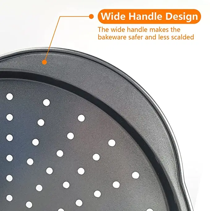 2 piece set of circular perforated style oven non-stick carbon steel baking tray pastry pie pizza tray