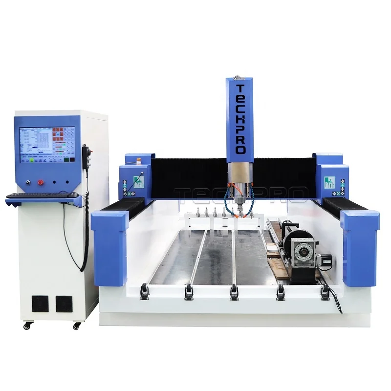 TECHPRO CNC 5.5kw Water Cooled Spindle Rotary Axis 3d CNC Stone Router Machine With Automatic Tools Changer