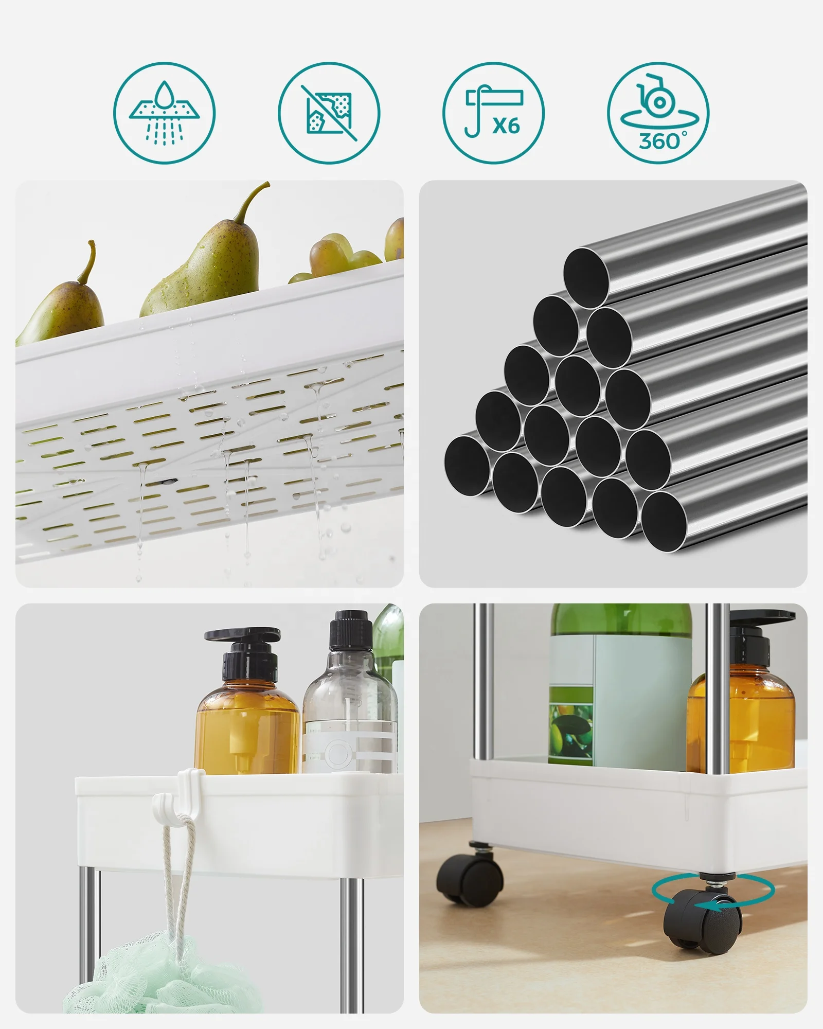 SONGMICS Space-Saving Kitchen Storage Shelves Rack Trolley in Office Bathroom 4-layer Household Plastic Storage Holders & Racks