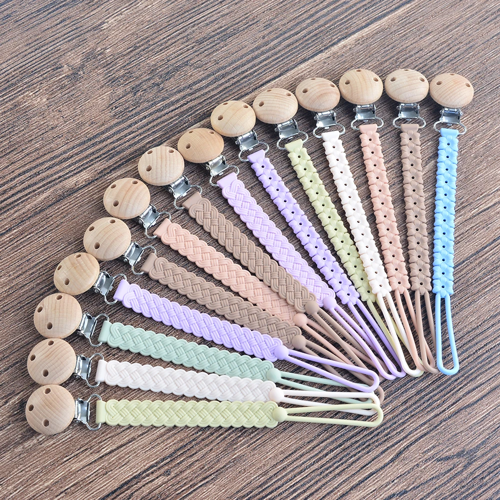 New Design Wholesale BPA Free Pacifier Metal Clip Soother Chain Silicone Teething Baby Pacifier Wooden Clips for Kids