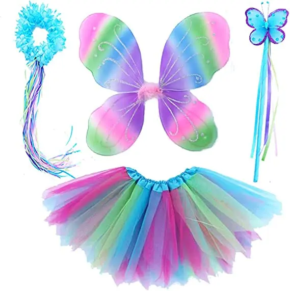 Girls White Fairy Wings Wand for Birthday Party Set Tutu Skirt Costume