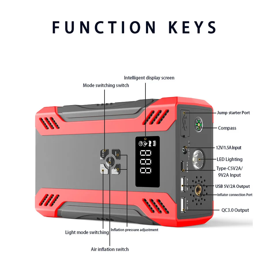 12V Universal Heavy Duty Jump Starter with Air Compressor / Portable 10000mAh High Power Battery Charger Jump Starter For Truck