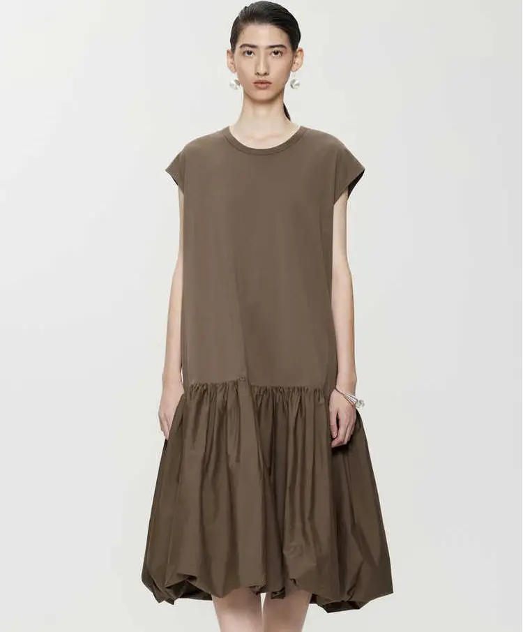 Custom Logo Summer Casual Sleeveless Dress Pleated Hemline Loose Elegant Solid Color Dress