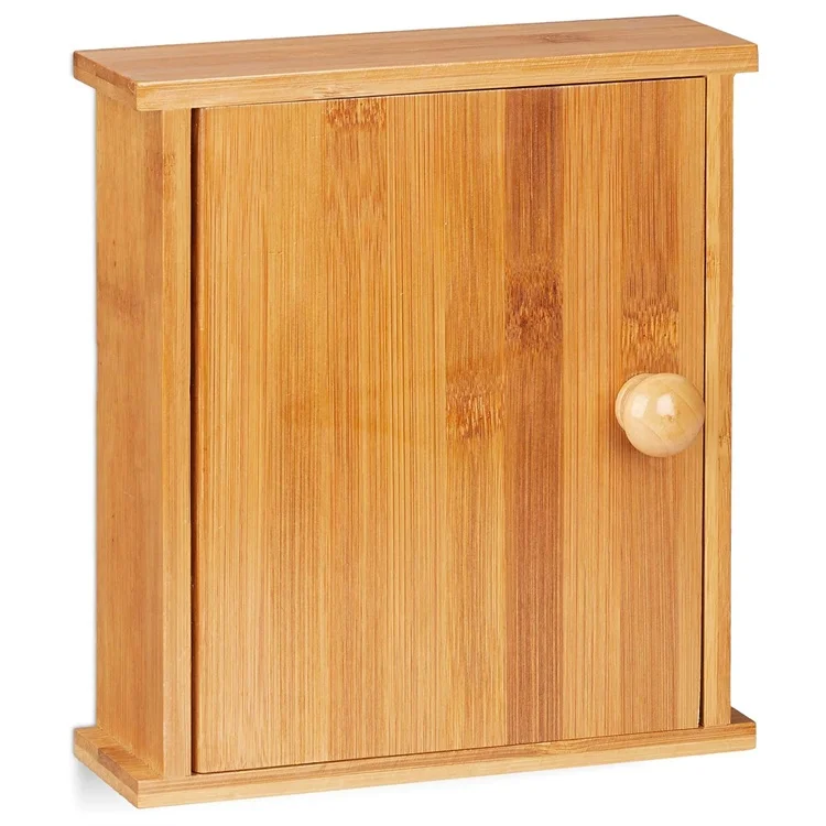 Wall Mounted Magnetic Latch Natural Bamboo Rack Wooden Key Holder Cabinet with 6 Hooks
