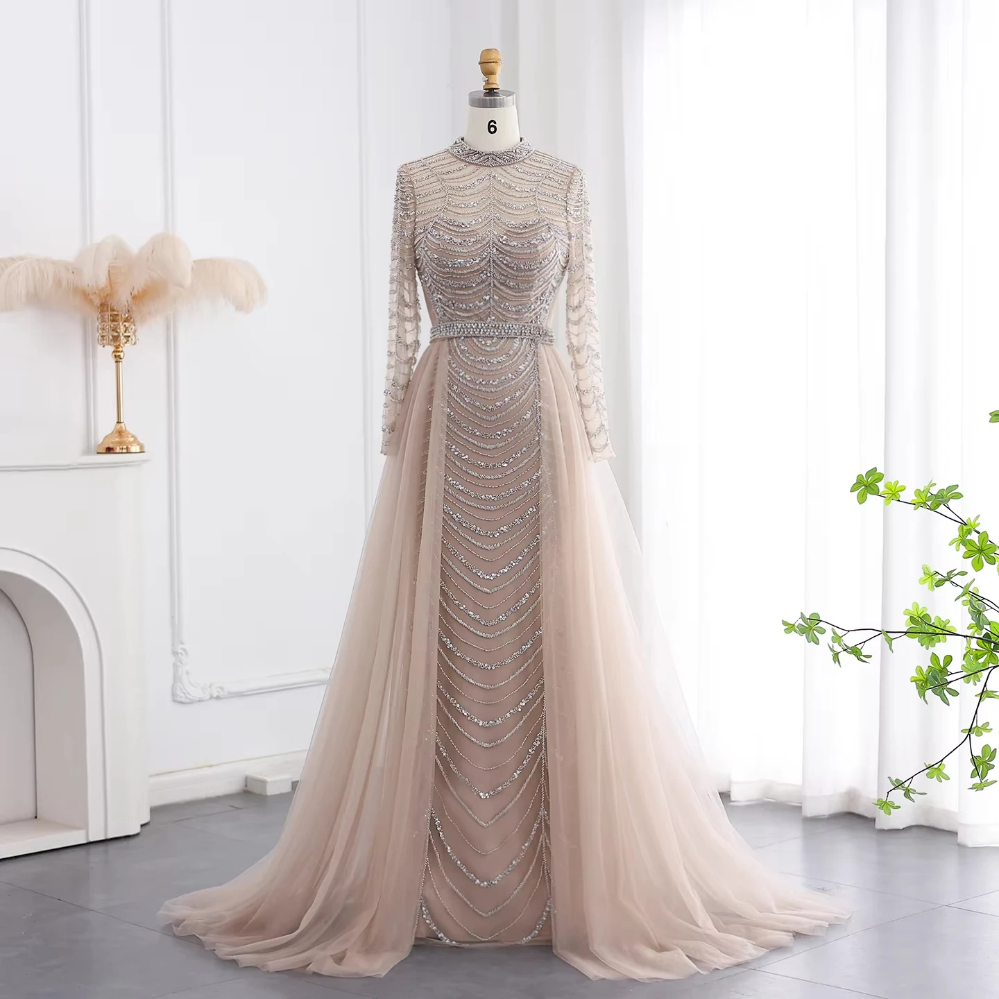 Champagne Mermaid Dubai Evening Dress With Overskirt Long Sleeves Elegant Women Wedding Party Gowns Lsz173