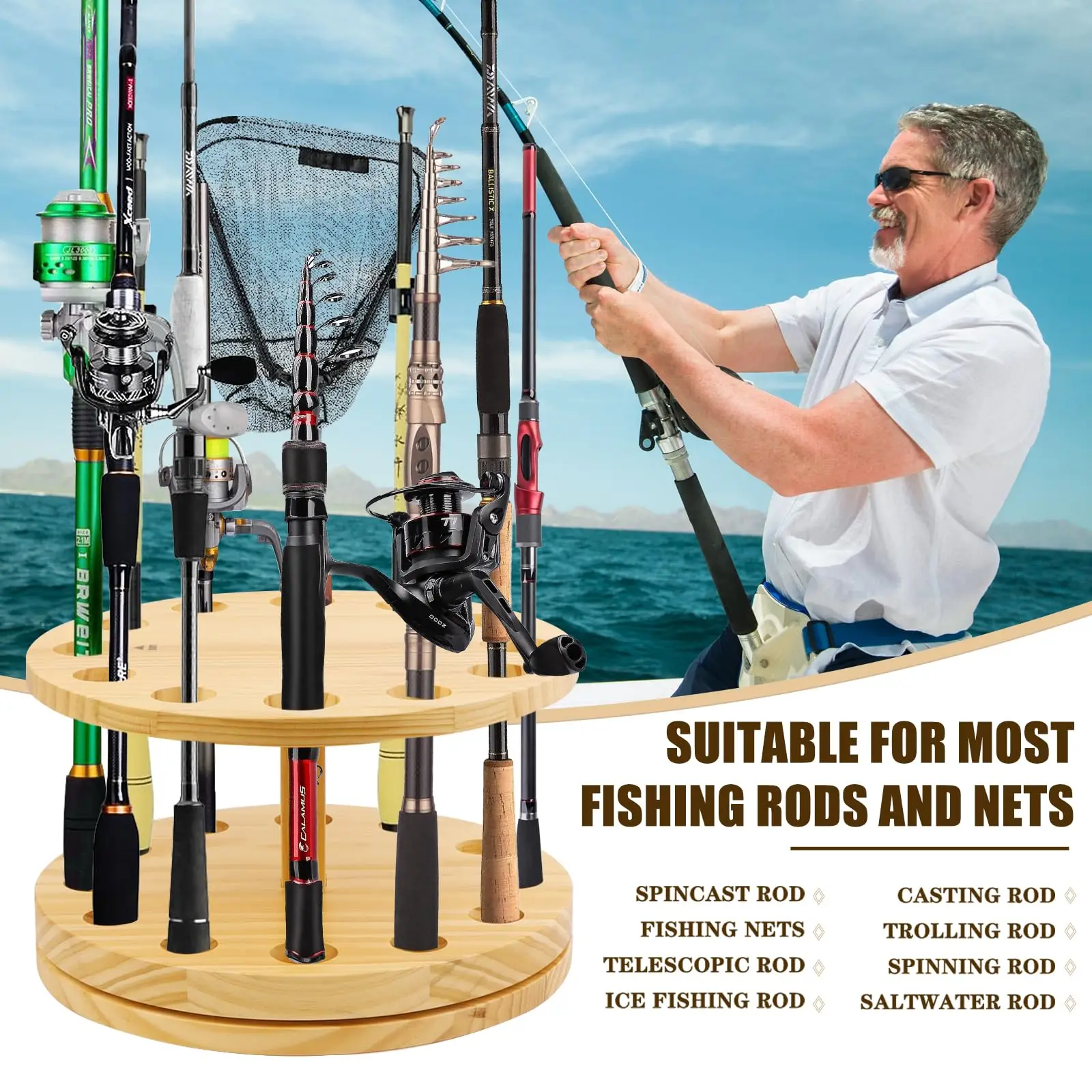 Hot Sale Vertical Wooden Stand 360 Degree Rotating Round Floor Holds up to 12 Rods Fishing Pole Rack Rod Holder Organizer Garage