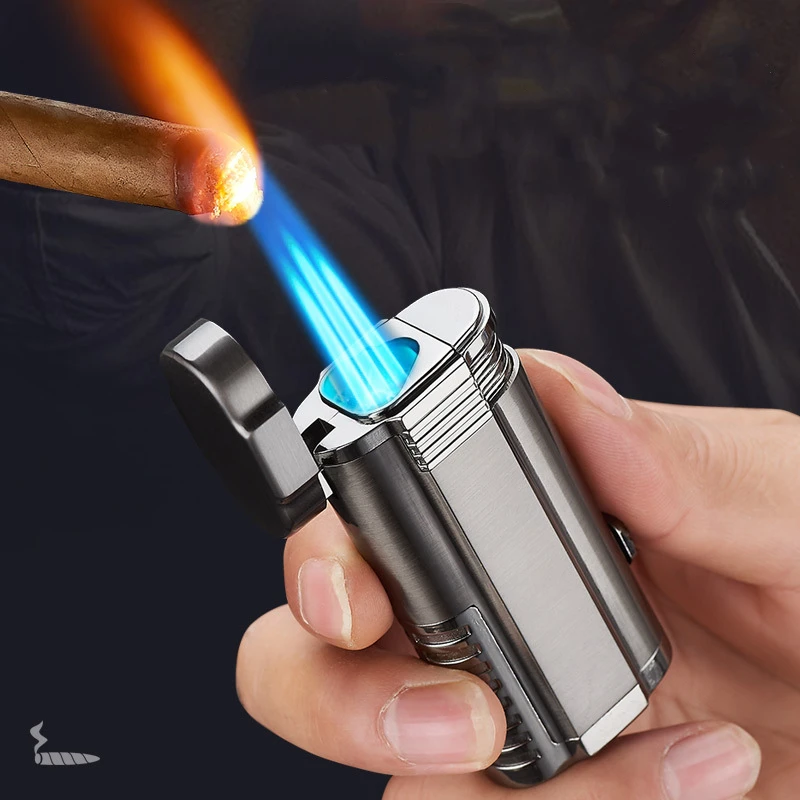  Оптовая продажа индивидуальная надувная зажигалка с тройным пламенем для сигар ножом сигары многоразовая Бутановая