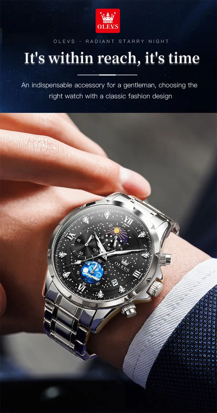 OLEVS 9807 special custom brand  gents quartz watch original Stainless steel band Luminous Chrono stars sun Casual hand watch