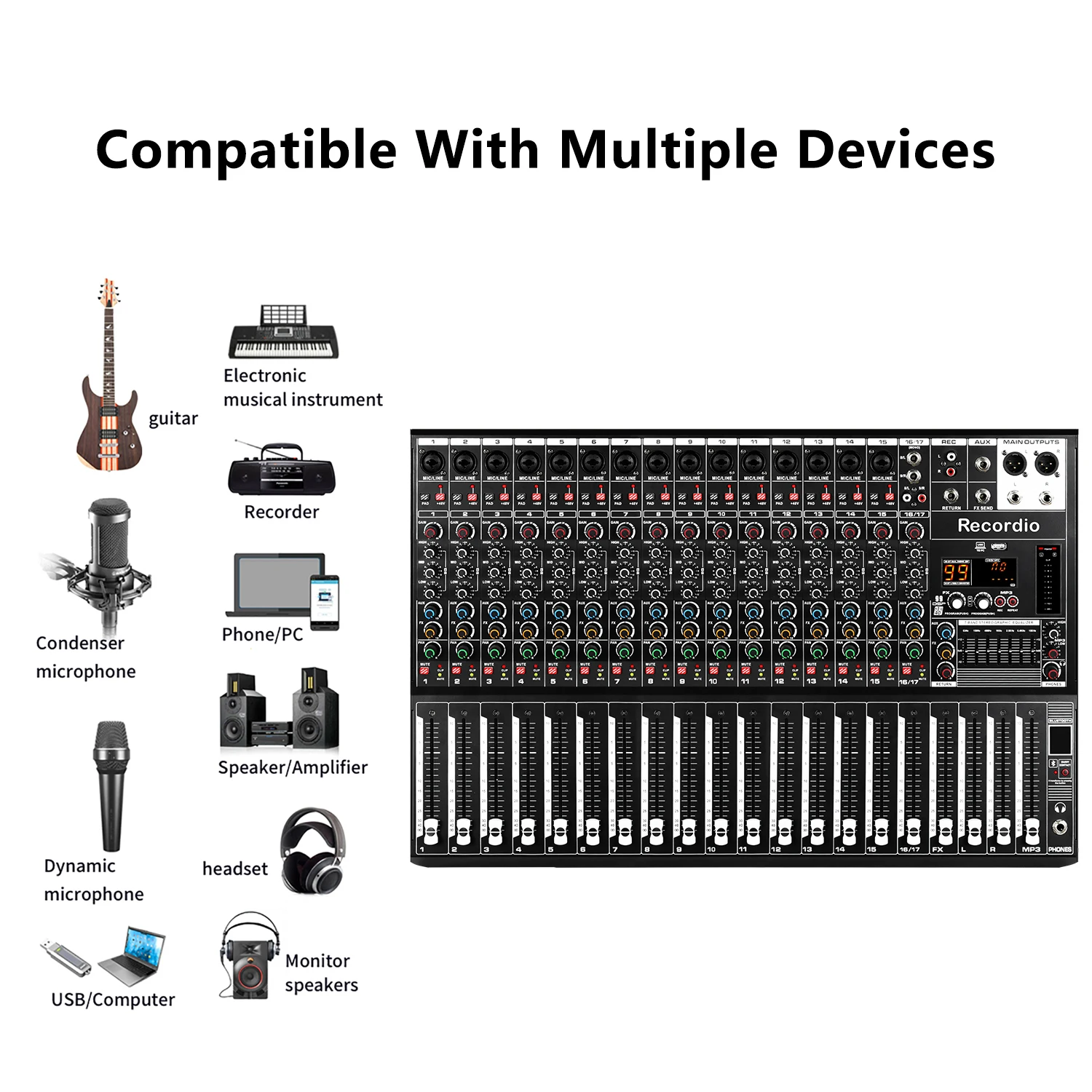 GAX-Q16 Recordio High Quality Audio Mixer Professional Digital Stage Mixer With 99DSP 7 Segment Equalizer