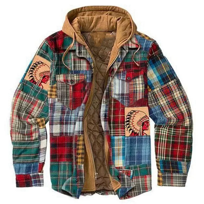 Thickened Cotton Printed Hooded Long Sleeve Button Warm Padded Flannel Winter Jacket Coat Mens