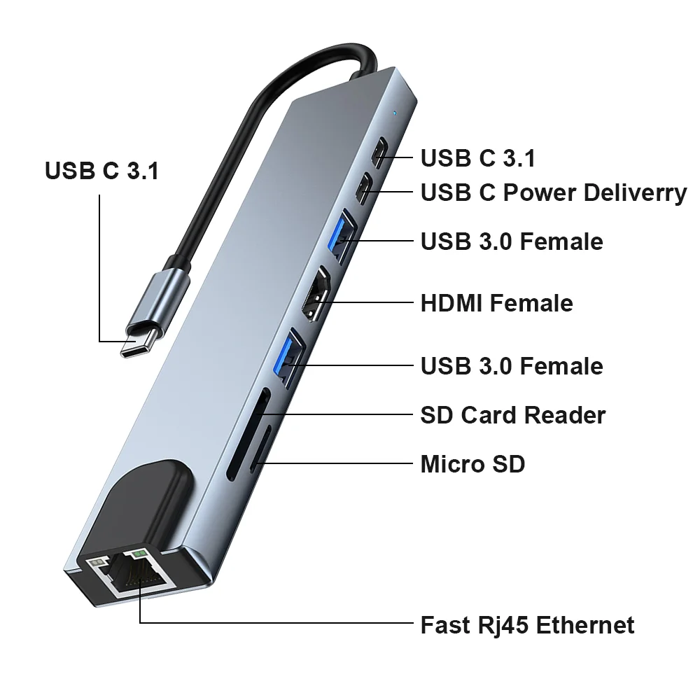 New Arrival 8 In 1 Usb C Hub Docking Station Ethernet Charging Hdmi Tipo C Usb Hub 3.0 Type C Usb Hub