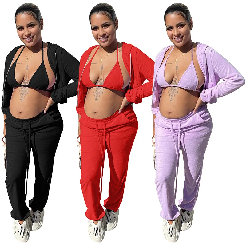 Fashionable Fall Winter Solid Color Sexy Three Piece Set Women Clothing Bra With Joggers 3 Piece Sweatsuits set