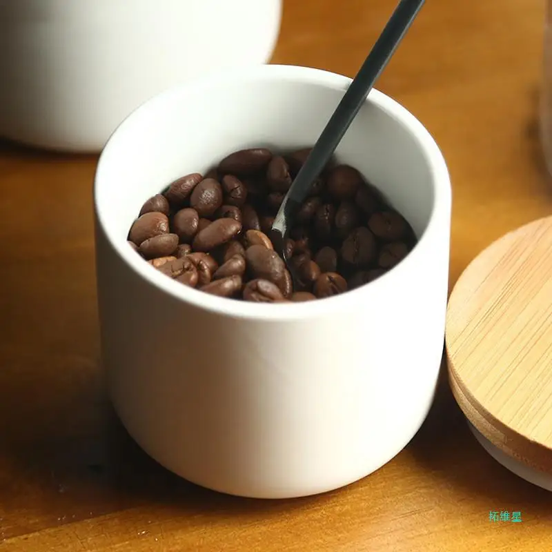 Factory Custom Kitchen Canisters Ceramic Food Storage Jar Containers with Airtight Seal Wooden Lid for Coffee Tea Sugar Salt