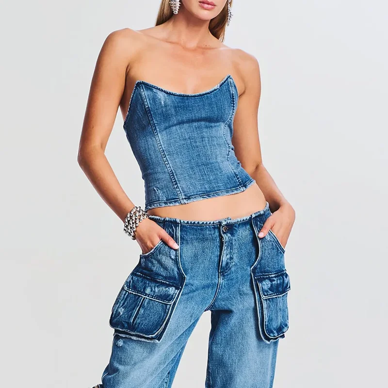 TWOTWINSTYLE Denim Vests Strapless Sleeveless Off Shoulder Slimming Women Vest Top