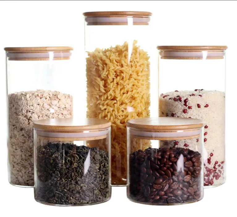 Round Kitchen Spice Storage Borosilicate Glass Container Jar Canister Set with Custom Airtight Bamboo Wood Lids