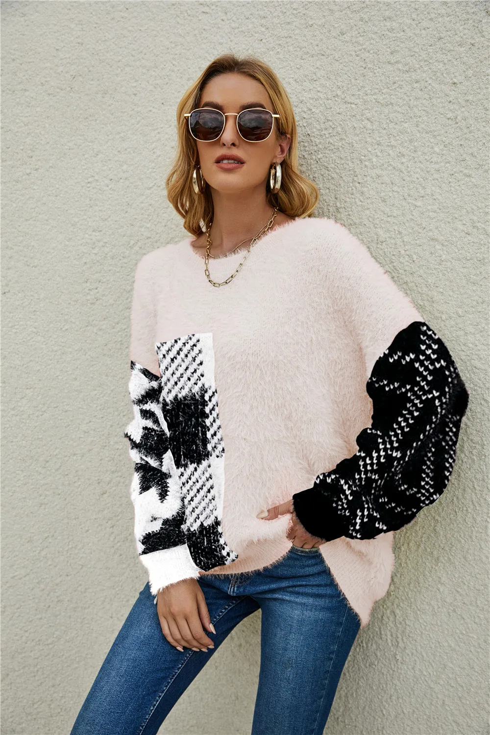 Winter Women Leopard Zebra Patchwork Soft Knitted Pullover Sweater
