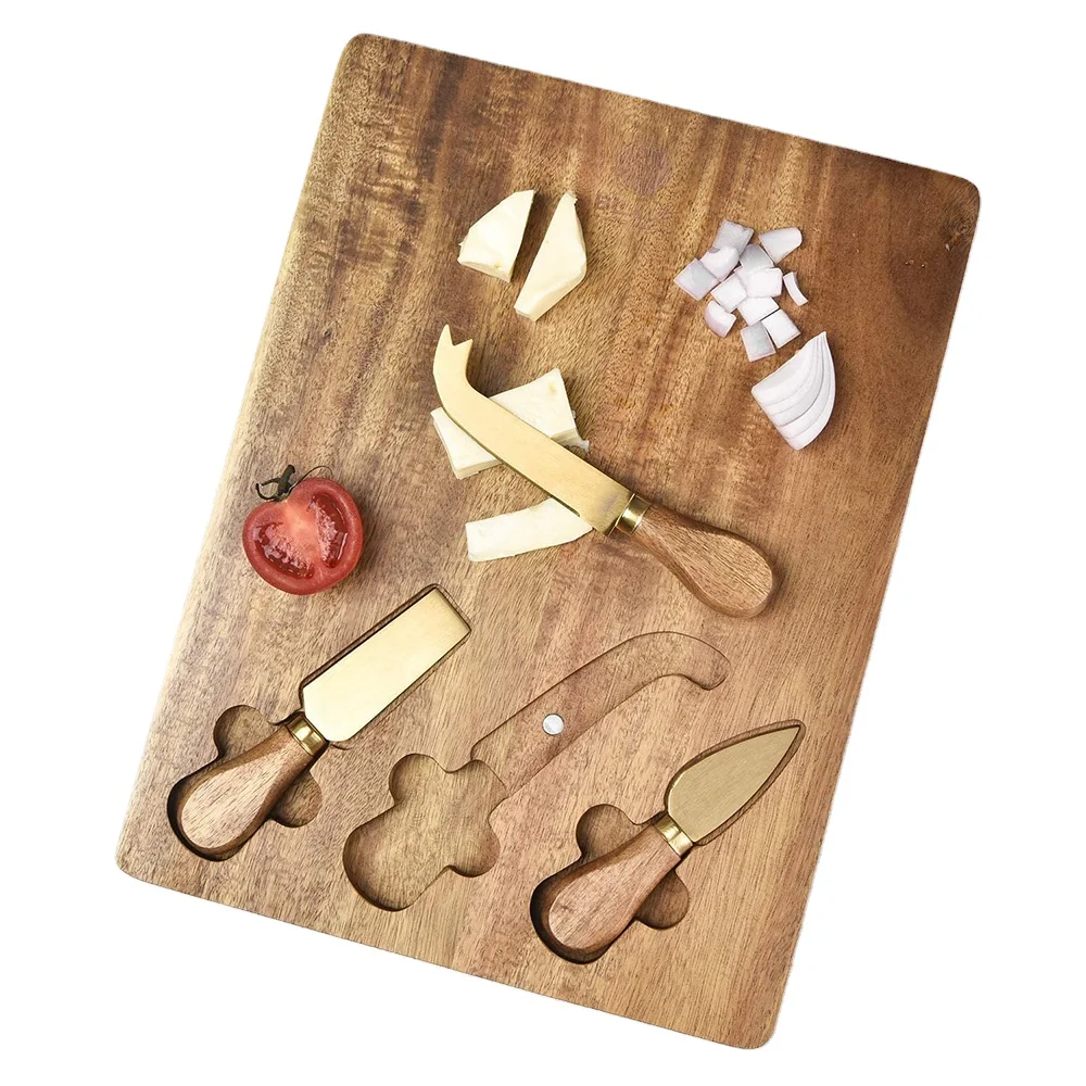 Wood Cheese Boards Set Knife Natural Acacia Serving Platter Cheese Acacia Cutting Board Set with Knives