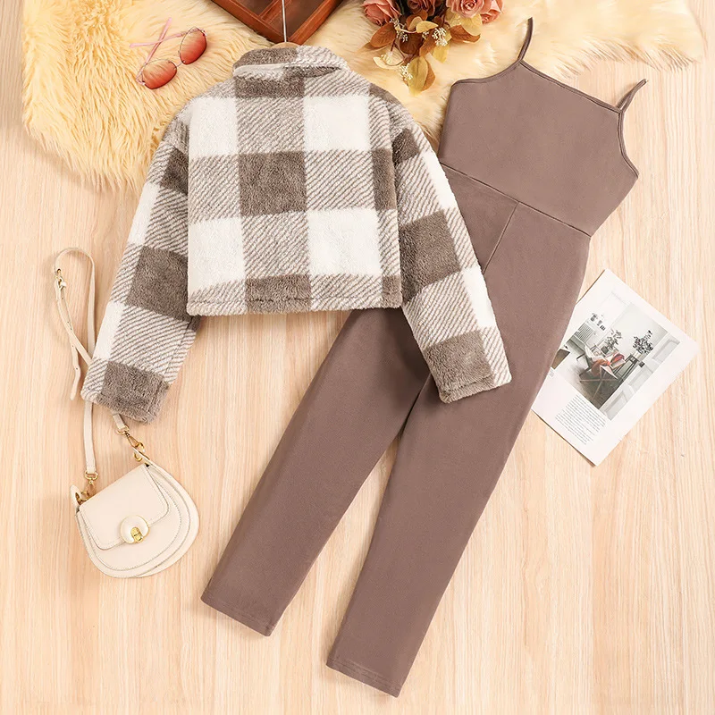 fashion autumn winter girls 2-piece outfits Kids overalls and plaid jacket Set  8-12 Years
