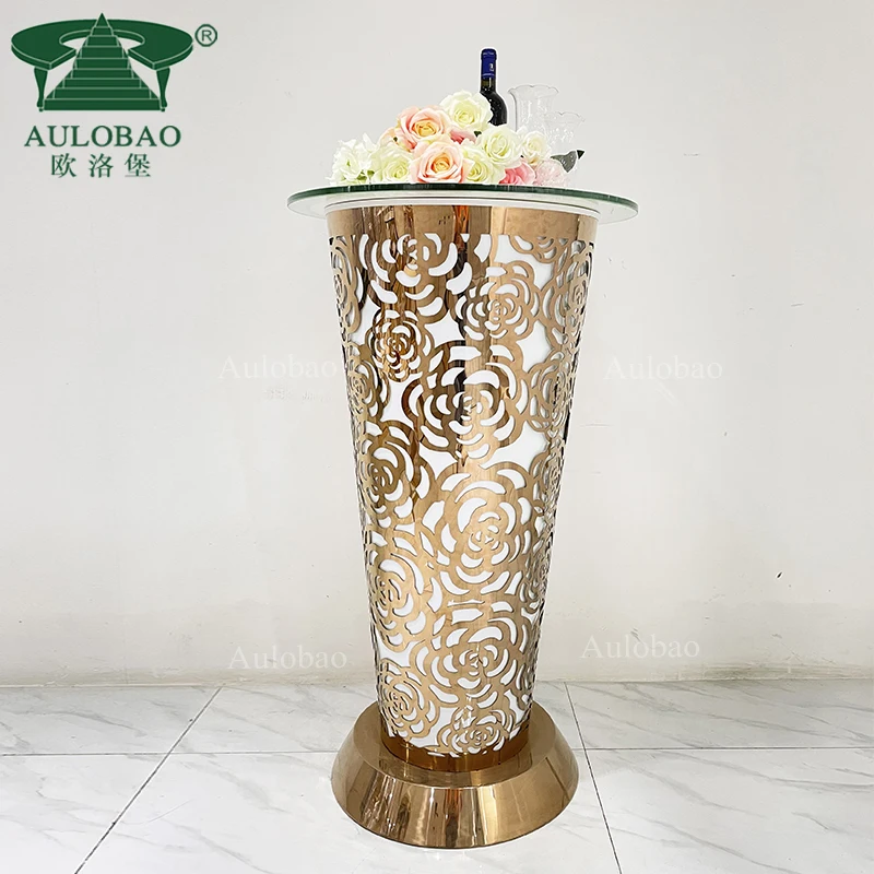 Rechargeable golden stainless steel round led light up bar table