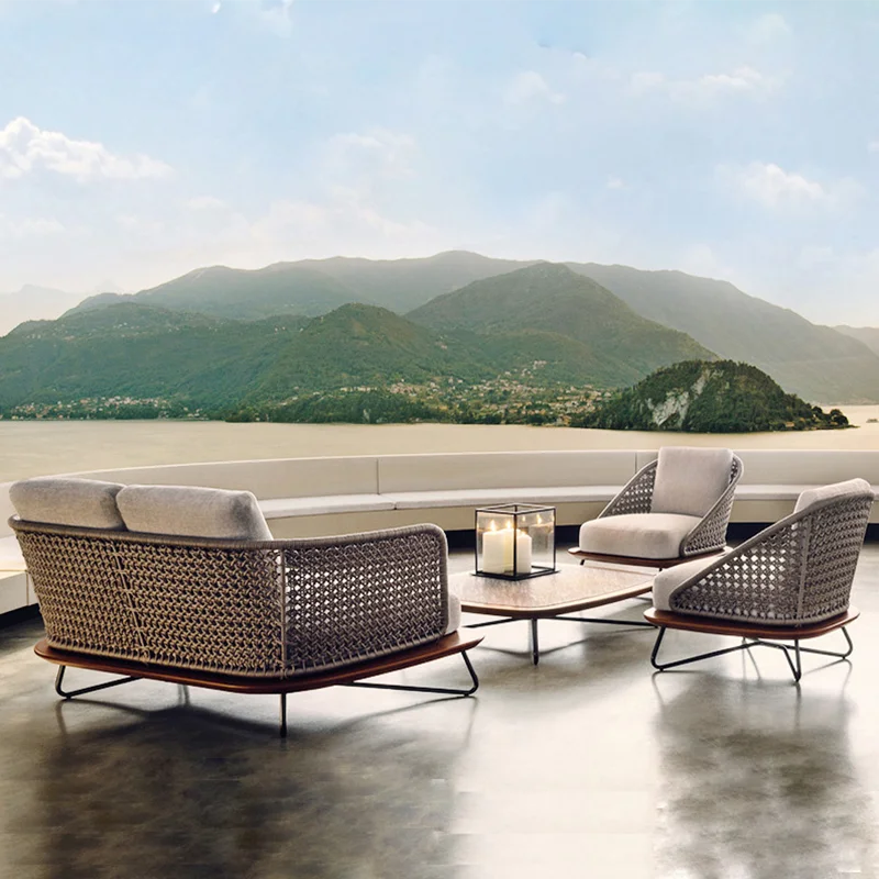 
Nordic leisure outdoor sofa combination garden hotel bed and breakfast courtyard solid teak rope woven rattan furniture 