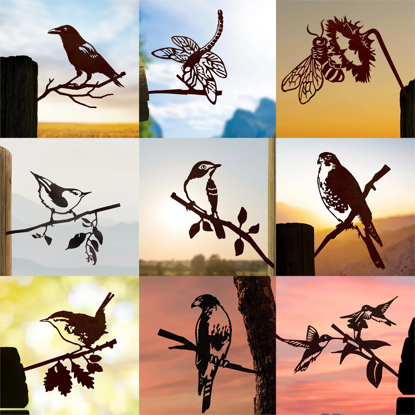 Metal Birds Yard Decor Garden Silhouette Powder Coated Rust Proof Iron Bird Tree Art Ornaments Garden Ornaments