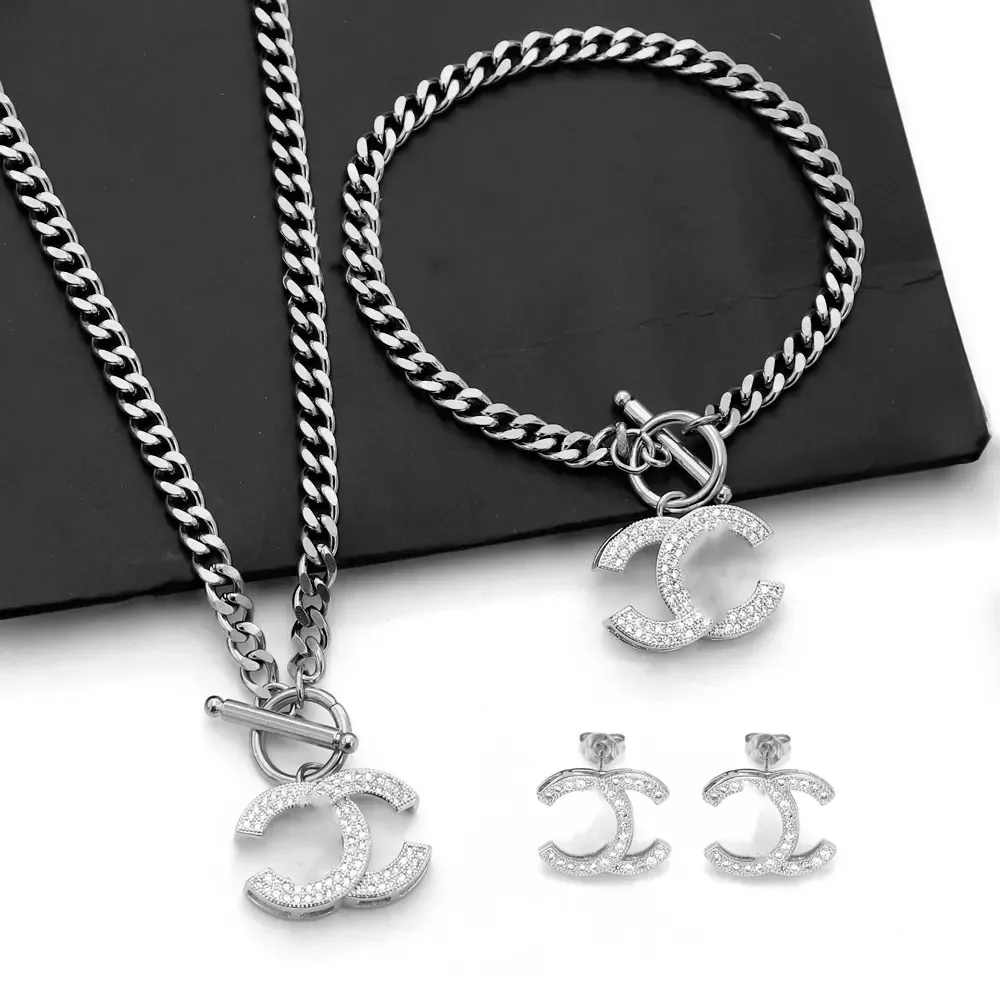 Fashion 18K Gold Branded Jewelry Set High End Zircon Designer Bracelet Necklace Earrings Stainless Steel Women Jewelry Set