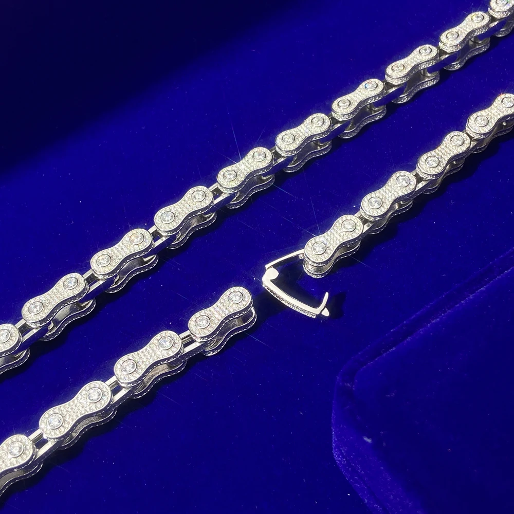 Hip Hop Rock Real Gold Silver Color Icy Cz Moissanite Bicycle Motorcycle Chain Necklace